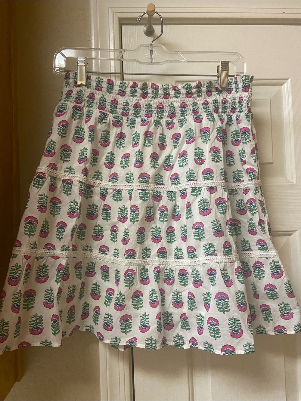 J. Crew White Cotton Tiered Mini Skirt with Pink & Green Floral Print
